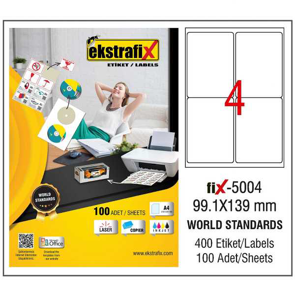 Ekstrafix Laser Etiket 100 YP 99.1x139 Laser-Copy-Inkjet FİX-5004