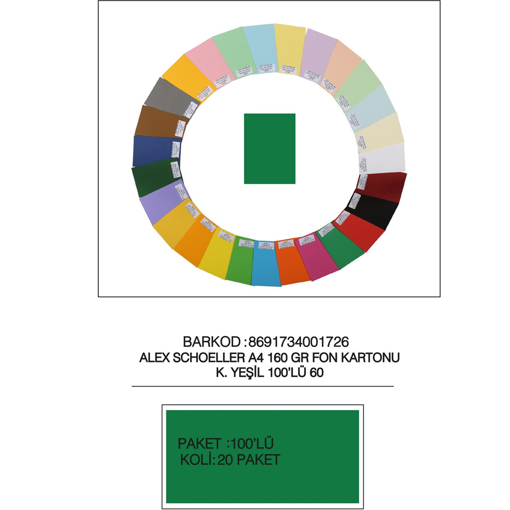 Alex Schoeller Fon Kartonu Kolej A4 No:60 K.Yeşil 100 Lü