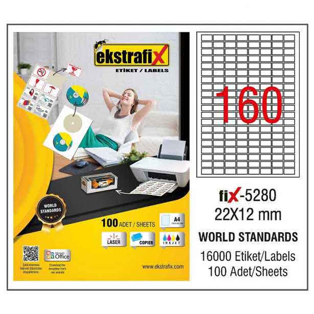Ekstrafix Laser Etiket 100 YP 22x12 Laser-Copy-Inkjet FİX-5280