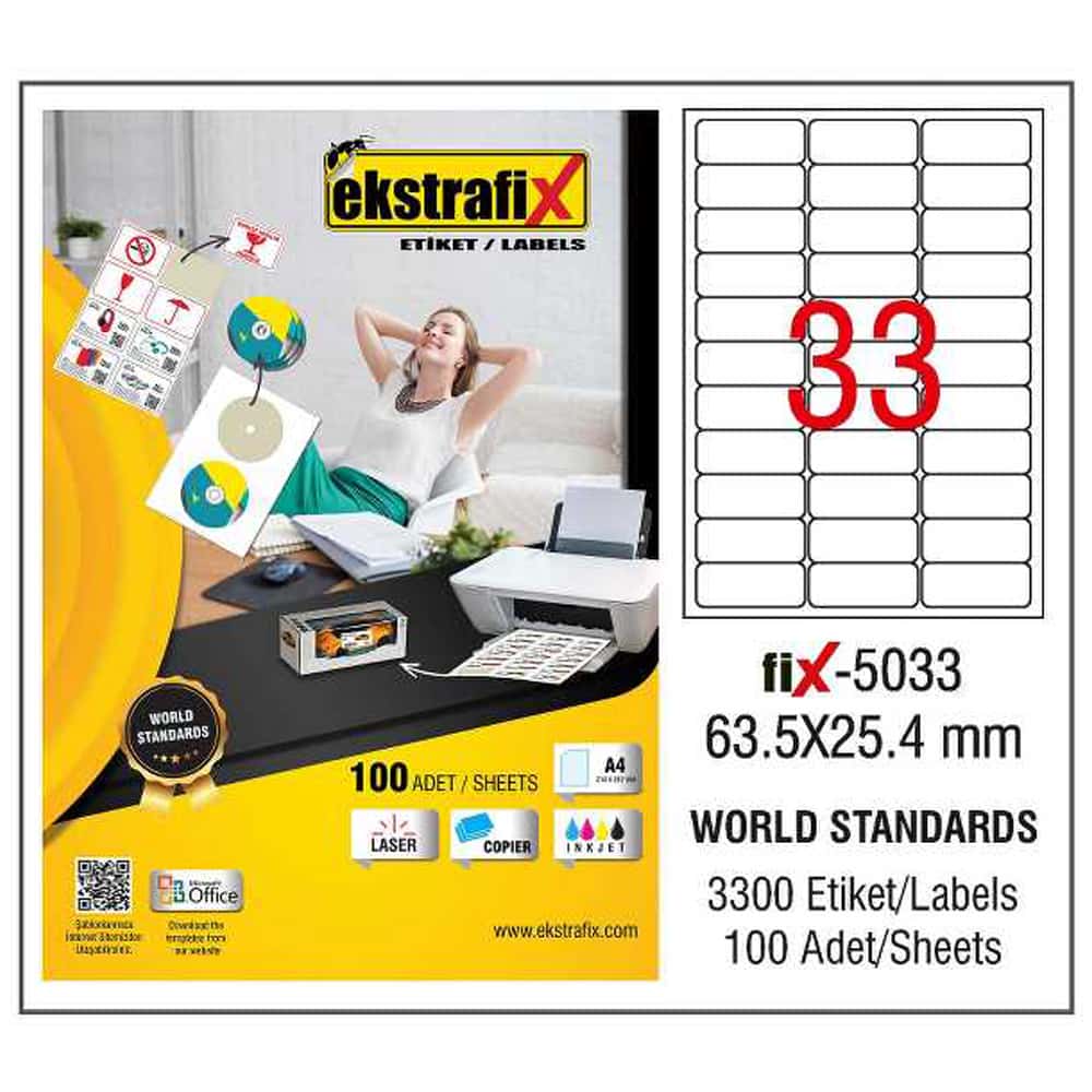Ekstrafix Laser Etiket 100 YP 63.5X25,4 Laser-Copy-Inkjet FİX-5033