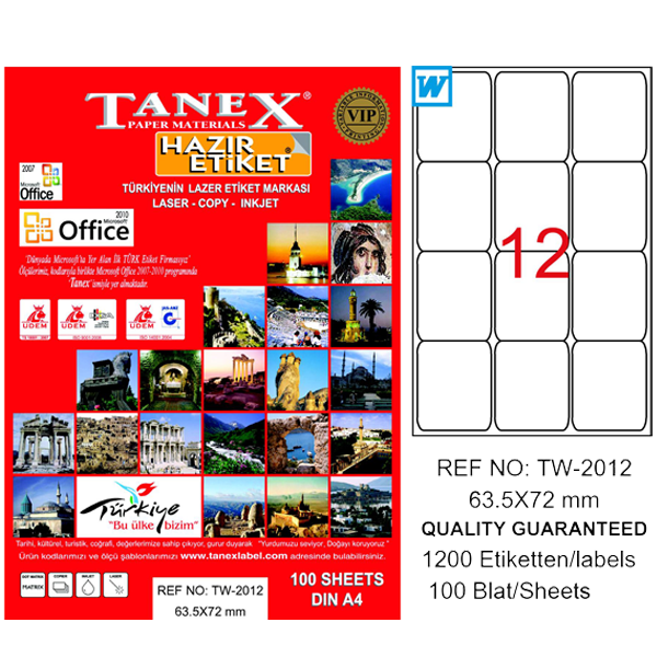 Tanex Laser Etiket 100 YP 63x72 Laser-Copy-Inkjet TW-2012