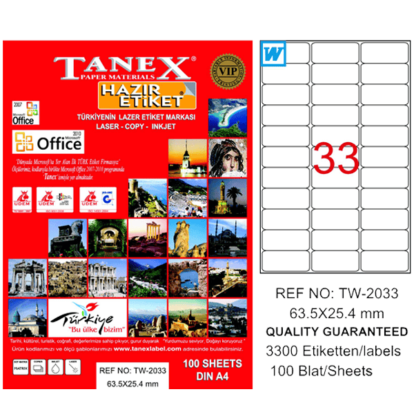 Tanex Laser Etiket 100 YP 63.5x25.4 Laser-Copy-Inkjet TW-2033