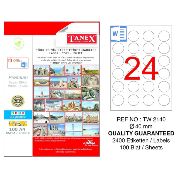 Tanex Laser Etiket 100 YP 0.40 MM Laser-Copy-Inkjet Yuvarlak TW-2140