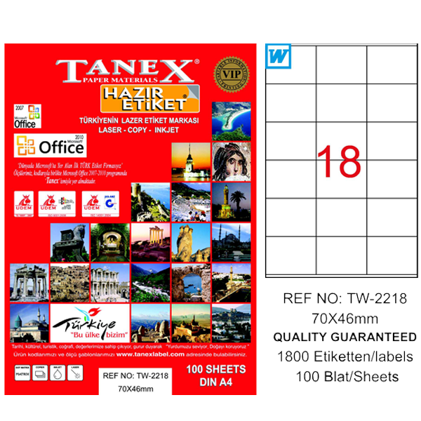Tanex Laser Etiket 100 YP 70x46 Laser-Copy-Inkjet TW-2218