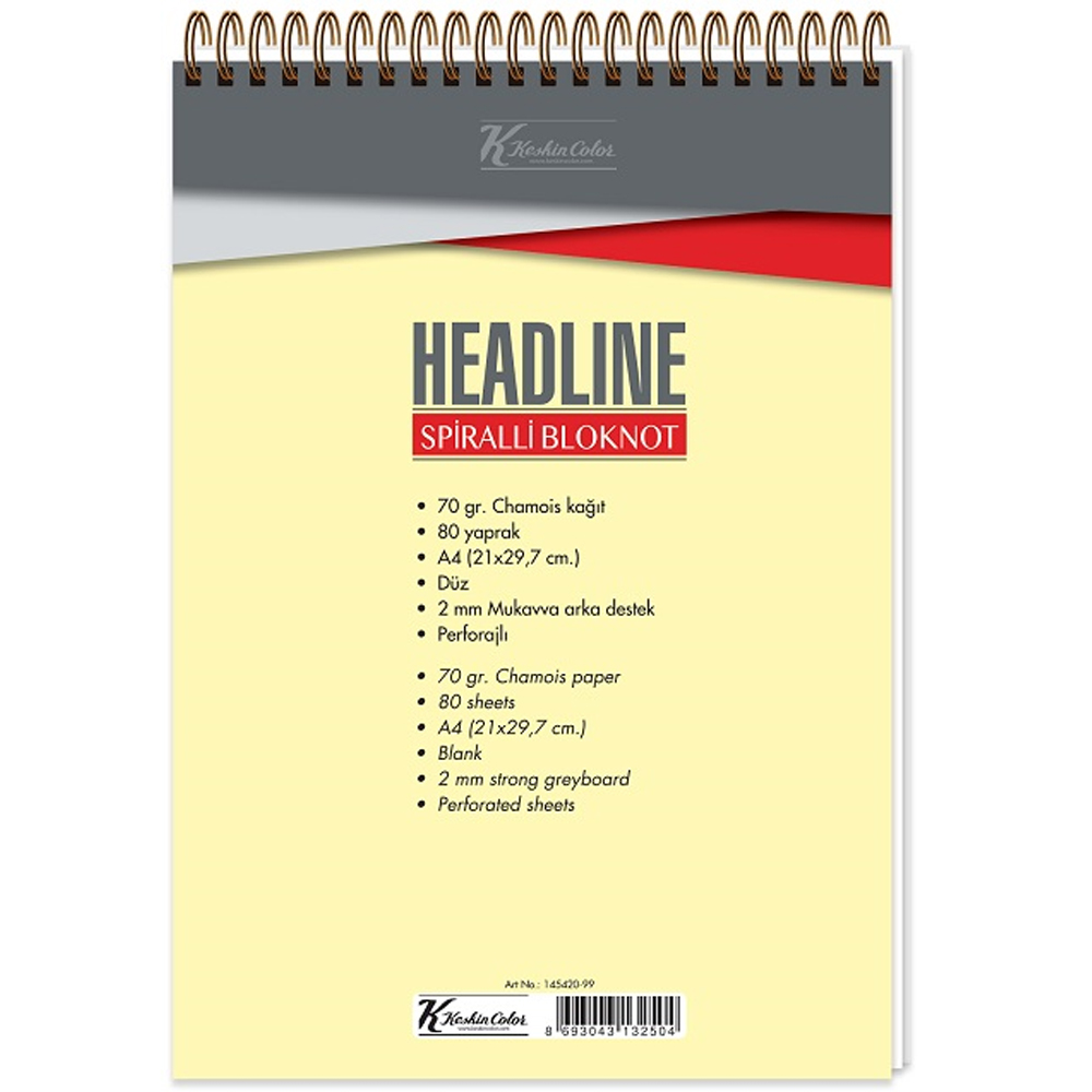 Keskin Color Bloknot Karton KapakSpiralli Headline A4 80 Yp.Düz
