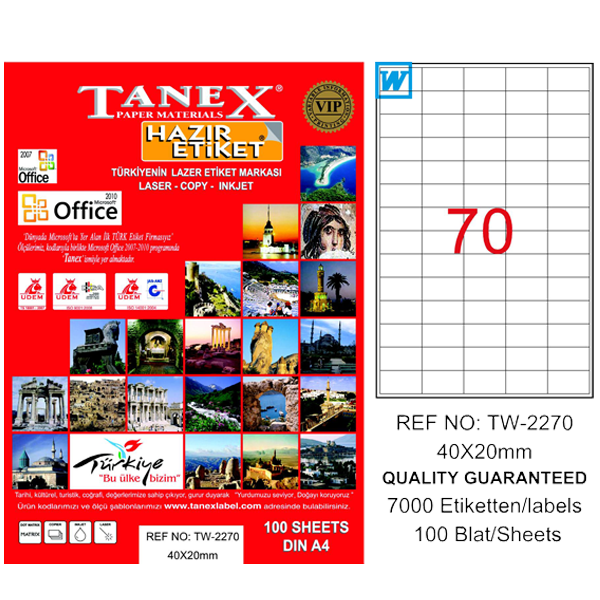 Tanex Laser Etiket 100 YP 40x20 Laser-Copy-Inkjet TW-2270