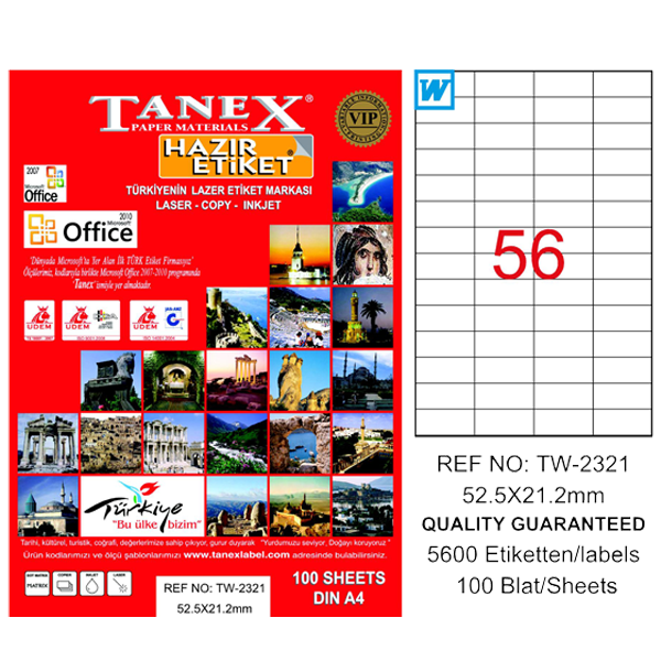 Tanex Laser Etiket 100 YP 52x21 Laser-Copy-Inkjet TW-2321