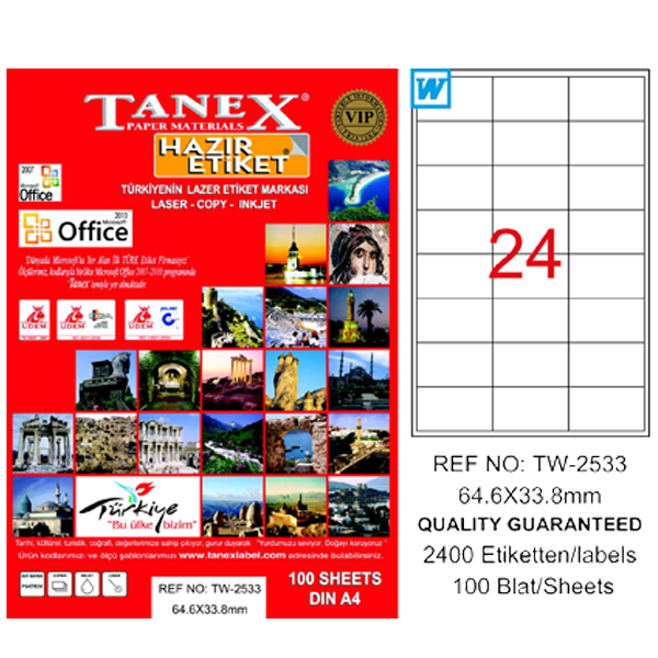 Tanex Laser Etiket 100 YP 64x33 Laser-Copy-Inkjet TW-2533